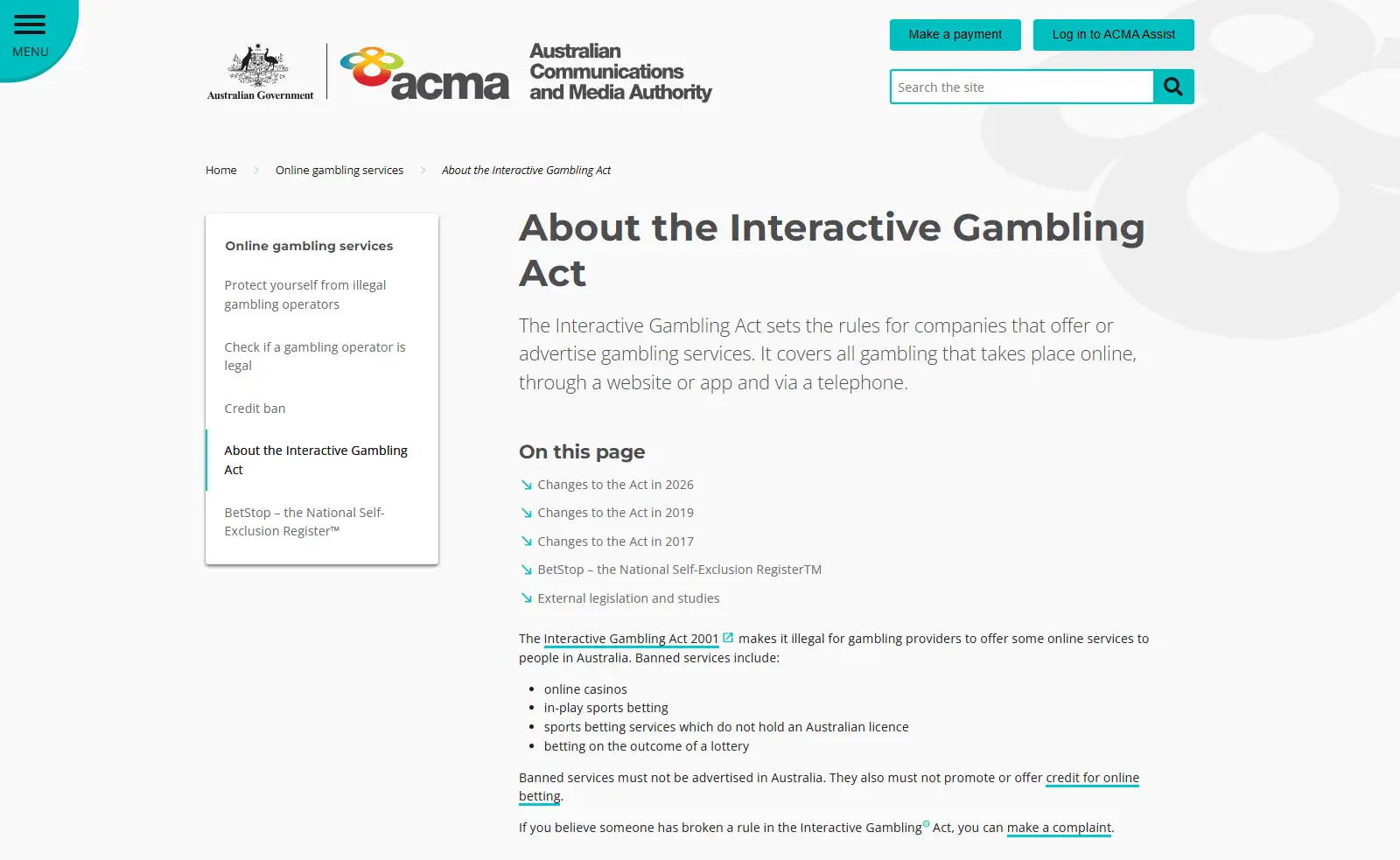 ACMA interactive gambling regulation page