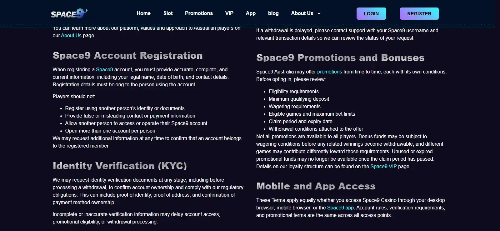 Space9 account or terms page used to check registration and verification information