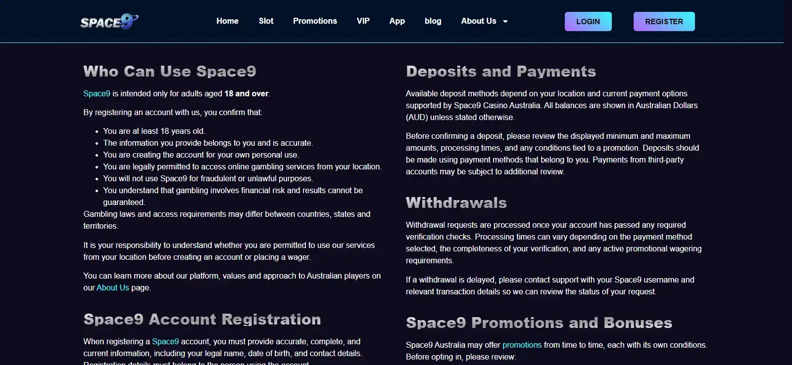 Space9 deposit cashier showing payment choices for an Australian-facing account