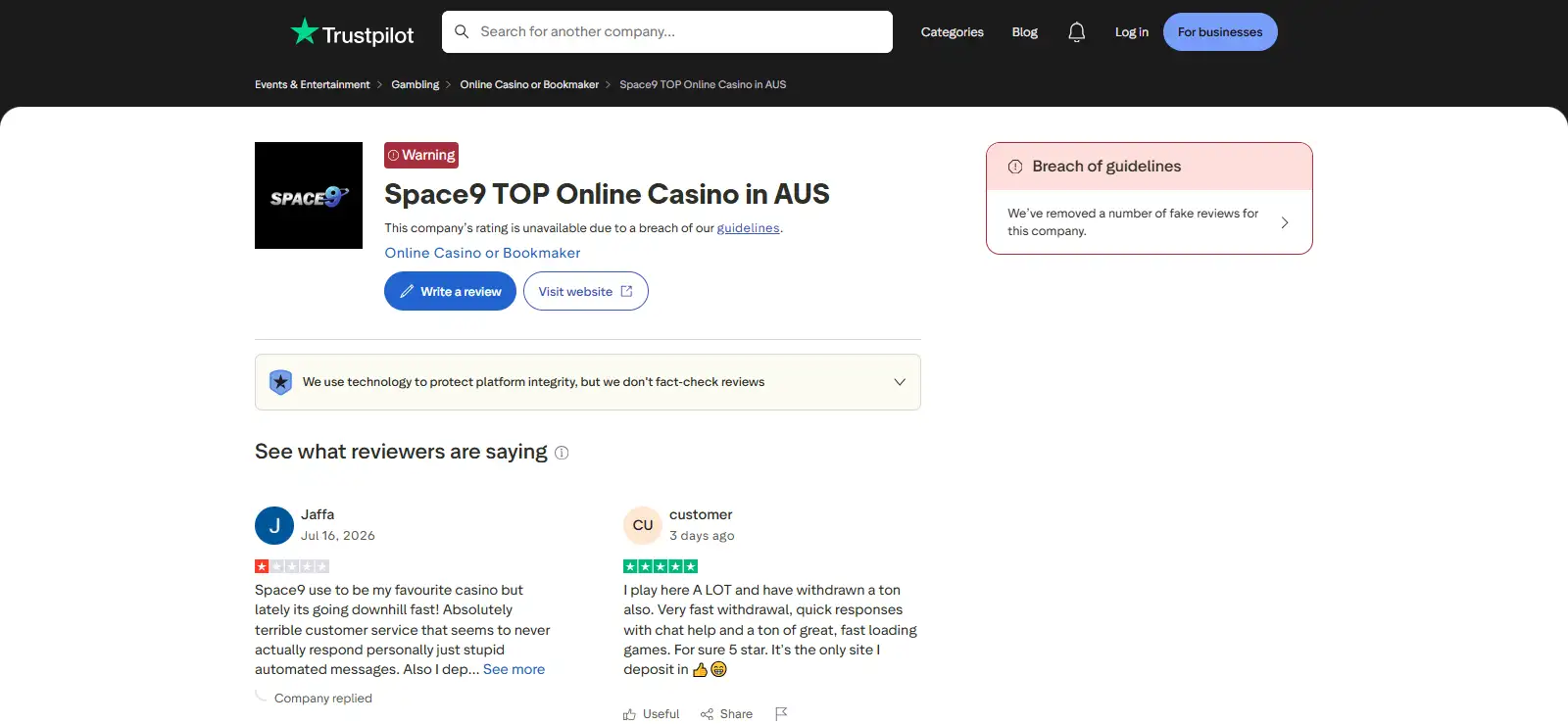 Current capture of the Space9 Trustpilot profile used as an example of a public reputation source