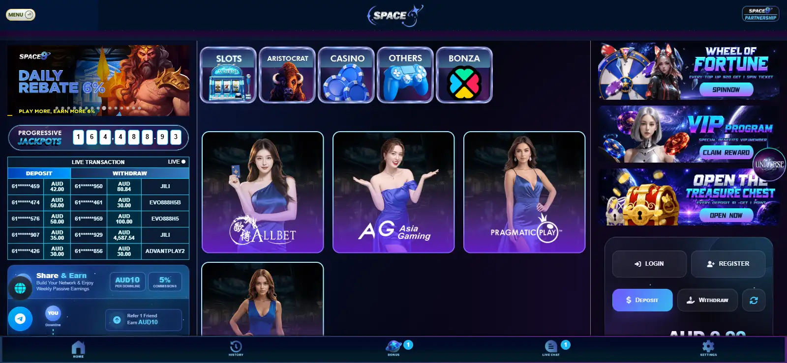 Space9 live-casino and games lobby with tables and game categories visible