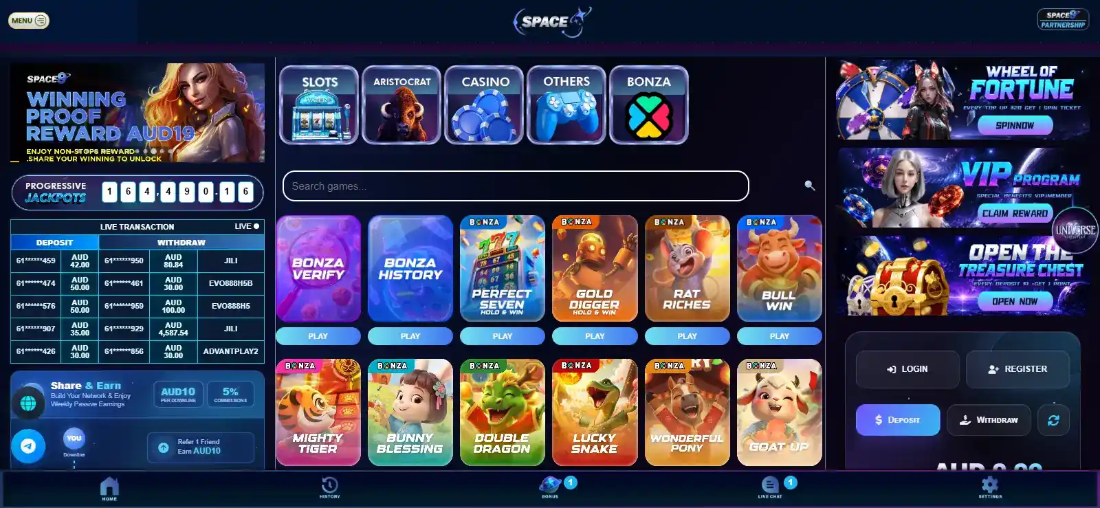 Space9 games lobby with category and provider navigation visible