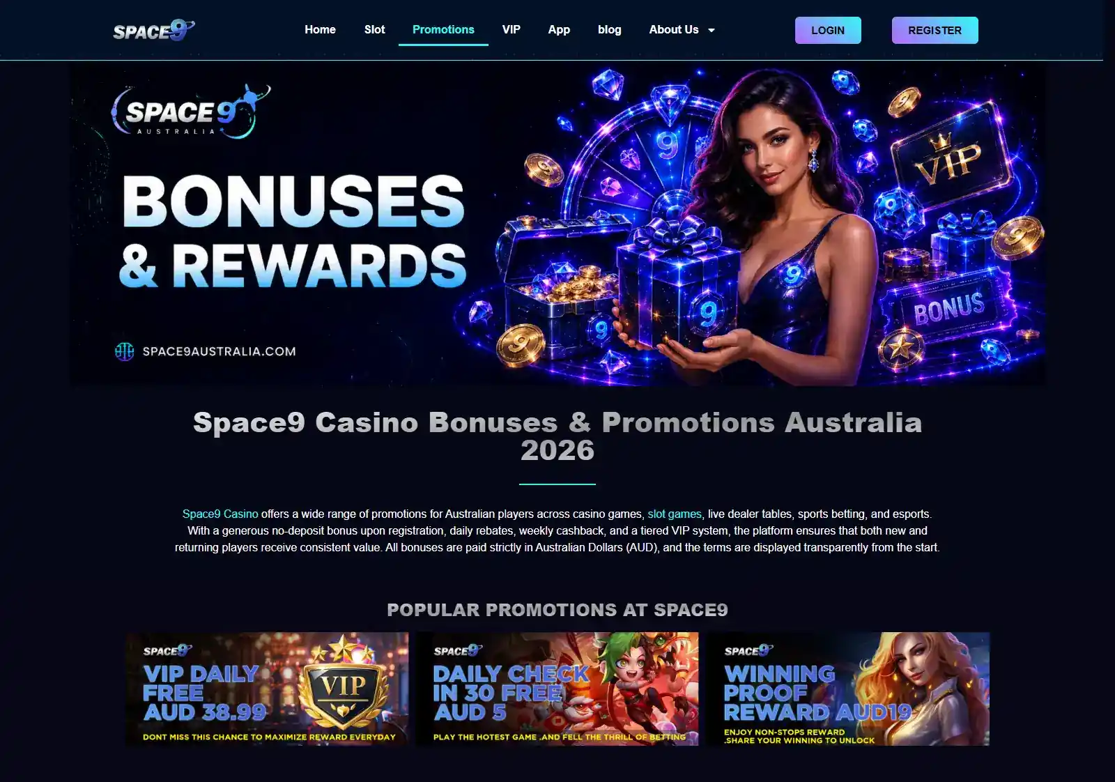 Space9 promotions page showing the current offer area and its terms entry points