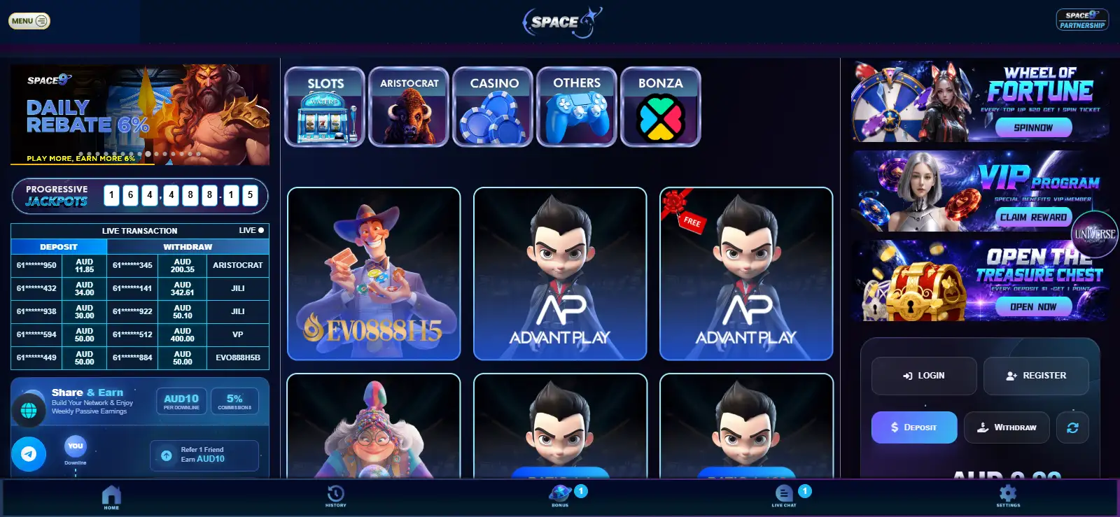 Space9 Australia-facing homepage or account interface capture